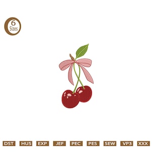 May include: Embroidered design of two cherries with a pink bow and green leaf. The cherries are a deep red colour. The design is on a white background. The image also includes the text "6 Sizes" in a circle.