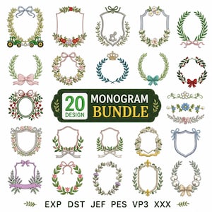 Monogram Embroidery Designs Bundle – Wreath Crest Frames, Elegant Initials (Digital Download)