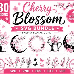 Könnte beinhalten: Ein digitales Grafikpaket mit 180 Kirschblüten-Designs, darunter Sakura-Blumen-Cliparts, ein Baum, eine Mondsichel, ein Kranz, eine Gießkanne und Schmetterlinge. Der Text lautet Cherry Blossom SVG Bundle und Sakura Floral Clipart.