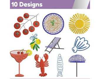 10 Italian Summer Mini Embroidery Designs, Coastal Fisherman Seaside Machine Files (Digital Download)