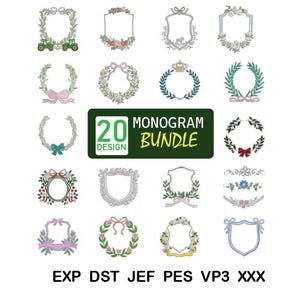 May include: A collection of 20 monogram designs in various shapes, including wreaths, shields, and frames, with floral and ribbon accents. The designs are in shades of green, pink, and blue. The text "20 DESIGN MONOGRAM BUNDLE" is displayed on a green background.