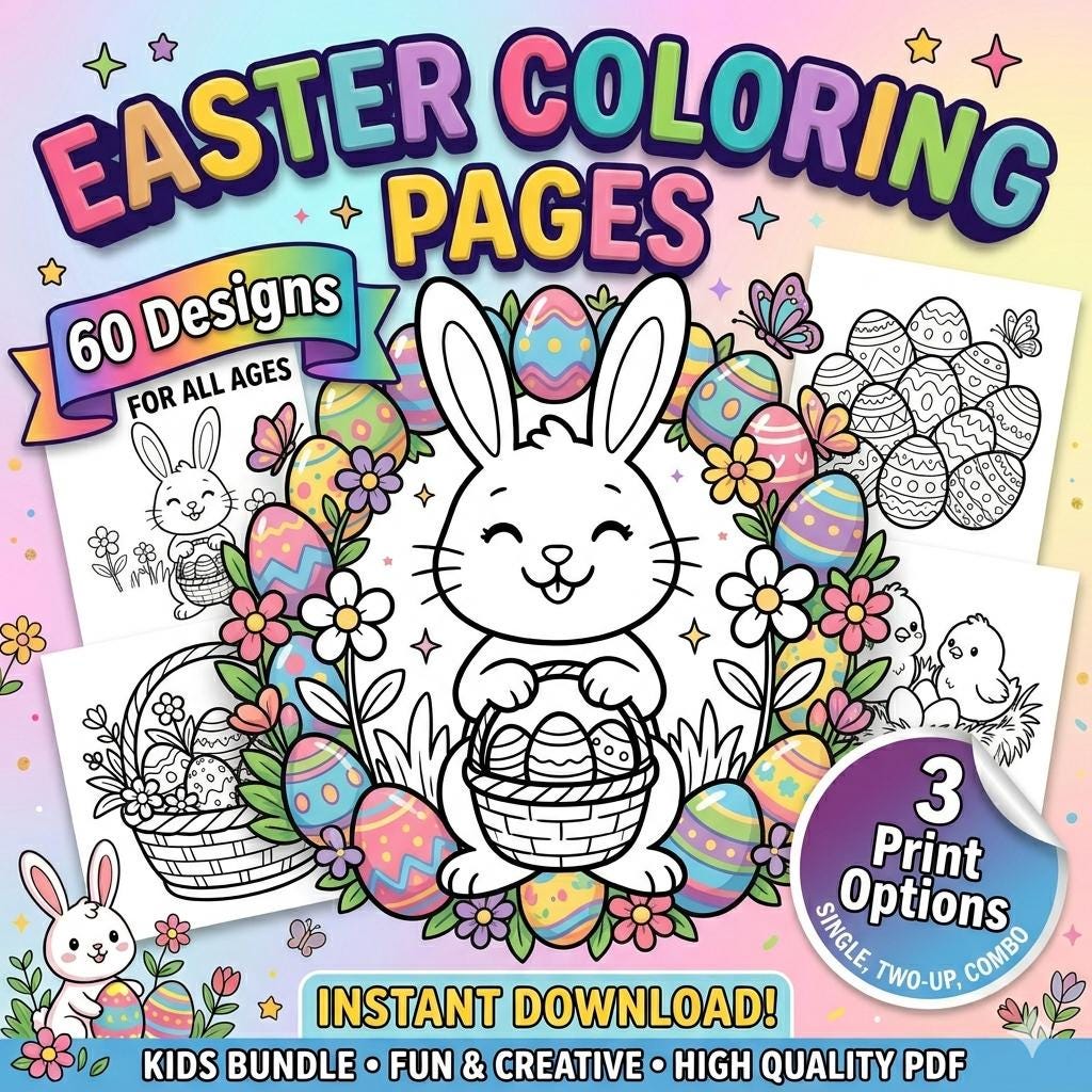 Easter Bunny Coloring Pages Bundle, Kids Printable PDF Activity Sheets ...