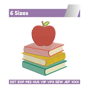 May include: An embroidered design featuring a red apple atop a stack of three books in pink, yellow, and green. The image includes the text "6 Sizes" and a list of file formats.