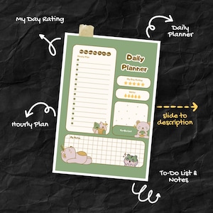 Planificador diario kawaii / PDF imprimible / Temática de animales adorables / Horario por horas, lista de tareas, calificación diaria, registro de agua, notas / Descarga