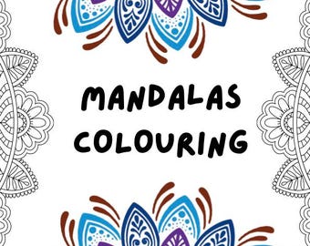 Pode incluir: Uma capa de livro branca com as palavras "MANDALAS COLOURING" em preto. A capa apresenta desenhos de mandala coloridos em tons de azul, roxo, vermelho, laranja e amarelo. O livro é para colorir.