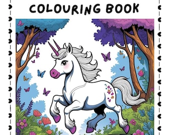 Puede incluir: Un libro para colorear titulado "Unicorns Colouring Book" con una ilustración de un unicornio blanco. El unicornio tiene una nariz y pezuñas rosas, un cuerno morado y una melena y cola blancas y fluidas. El fondo presenta árboles, flores y mariposas.