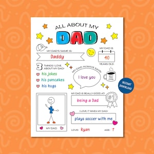 All About My Dad Questionnaire, Father&#39;s Day Gift from Kids, Personalized Gift for Dad, Fill in the Blank Printable Kids Coloring Page