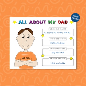 All About My Dad Card from Kids, kleurplaat voor vaderdagcadeau, gepersonaliseerd cadeau voor vader, afdrukbare vragenlijst Verjaardagscadeau vader