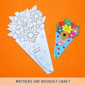 May include: Two paper flower bouquets, one colored and one uncolored, on an orange background. The colored bouquet is blue with a variety of colorful flowers and a heart that says "I LOVE YOU BUNCHES!". The uncolored bouquet is white with a heart that says "I LOVE YOU BUNCHES!".