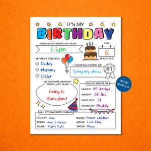 Op de afbeelding: Een kleurrijke verjaardags poster met de tekst "IT'S MY BIRTHDAY" in regenboogkleuren. Bevat feiten over Liam, zoals lengte 112 cm, gewicht 25 kg en favoriete dingen zoals mac & cheese. Met een taart en ballonnen.