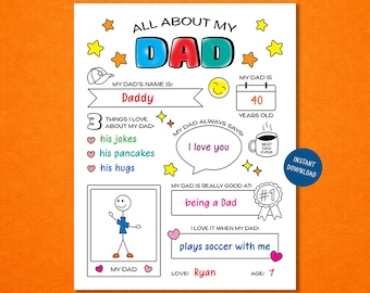 All About My Dad Questionnaire, Father's Day Gift from Kids, Personalized Gift for Dad, Fill in the Blank Printable Kids Coloring Page