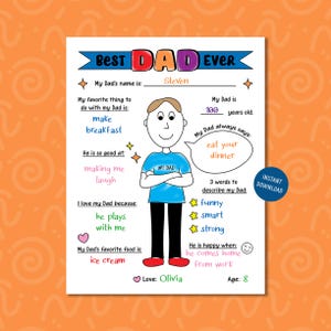 Alles über meinen Vater druckbare Vorlage, Vatertagsfragebogen, personalisiertes Geschenk für Vater, zum Ausfüllen der Kinder Malseite, Vater Geburtstagsgeschenk