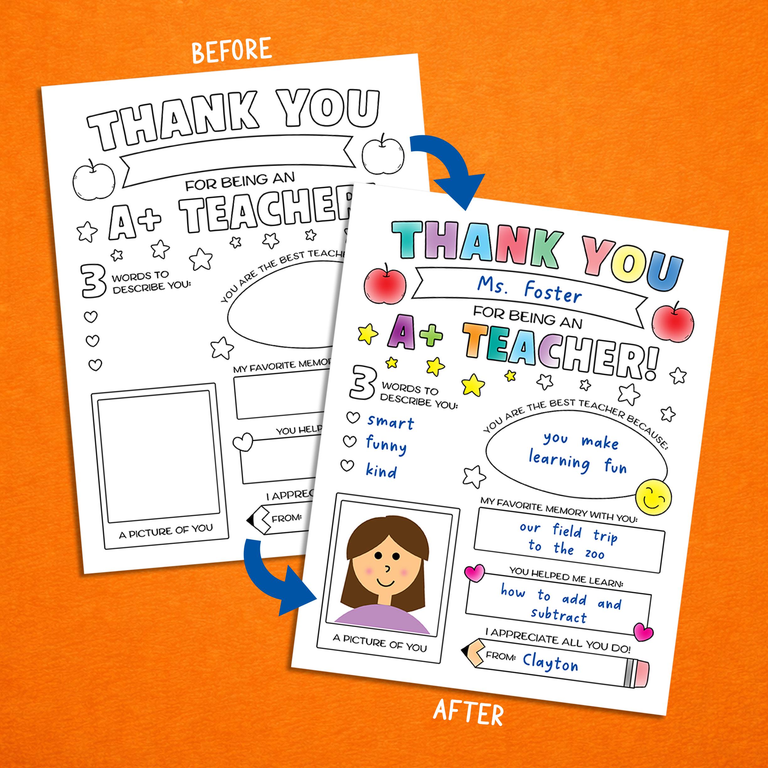 Teacher Appreciation Coloring Page, End of School Year Teacher Gift ...
