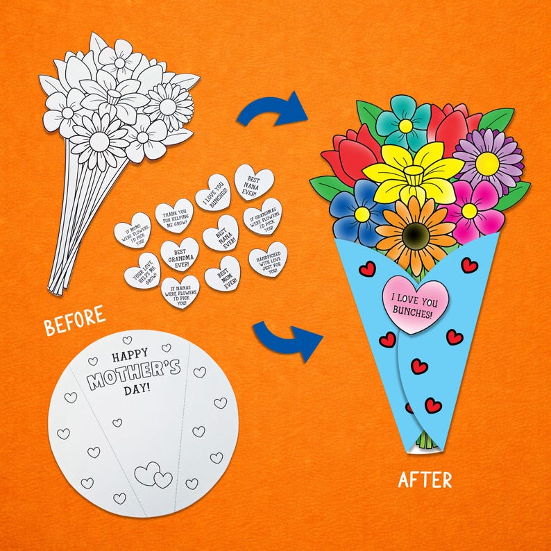 Paper Flower Bouquet, Mothers Day Card Coloring Pages (digital Download ...