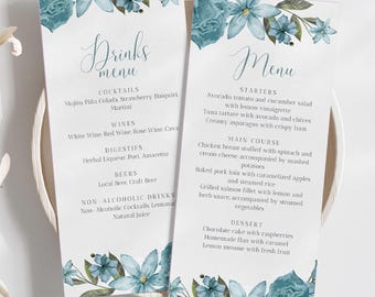 Blue Floral Wedding Menu Template: Editable Canva Download (4x9 inches)