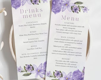 Purple Floral Wedding Menu Template: Vintage Lila Romance (Canva Editable, 4x9, Digital Download)