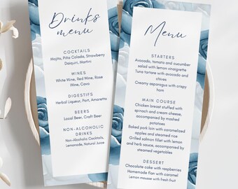 Floral Blue Wedding Menu & Drink Card: Editable Canva Template (Digital File, 4x9 inches)