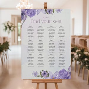 Floral seating chart template editable in Canva lavender wedding sign printable vintage purple design digital table plan - Lila Romance