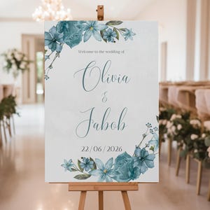 Blue Floral Wedding Welcome Sign: Elegant Canva Template (Digital Printable, 18x24/20x28/24x36 inches )