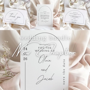 Faire-part de mariage + carte de remerciement - noir et blanc minimaliste, modifiable sur toile, téléchargement numérique, ensemble imprimable, lot - nouveau chapitre