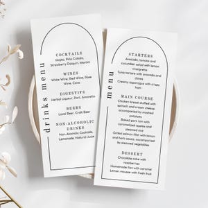 Sjabloon bruiloftsmenu – minimalistisch zwart-wit, bewerkbaar canva-menu + drankkaart, digitale download, afdrukbaar 4 x 9 inch – nieuw hoofdstuk