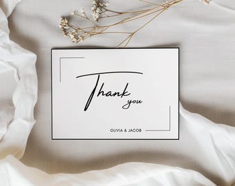 Classic Black & White Wedding Thank You Cards, Minimalist Elegant Monochrome Stationery, Personalized Script Note Cards - Pure Moments