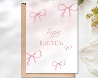 Elegant Birthday Card with Bows, Printable PDF, Ready to Print, Instant Download, Non-Editable, 5x7 Inch, Stylish & Simple Design - Pink