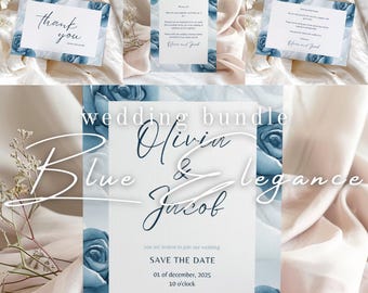 Elegant floral wedding stationery bundle, digital Canva templates with invite, menu, place cards & welcome sign, editable - Blue Elegance
