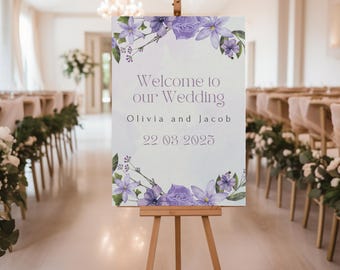 Purple Floral Wedding Welcome Sign – Canva Template, Digital Printable Wedding Sign, Garden Wedding Decor, Editable PDF - Lila Romance