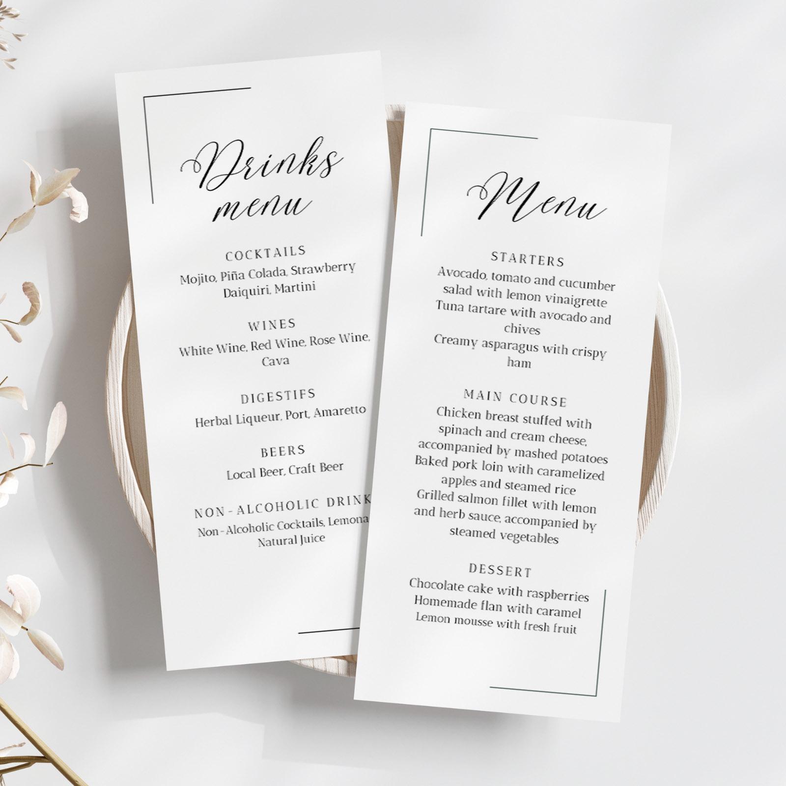 Wedding Menu Template – Elegant Black & White Design, Editable Canva Download for Traditional and Formal Wedding Tables 4x9 - Classic Charm