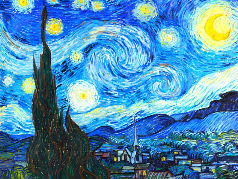 Op de afbeelding: Een artistiek schilderij dat een nachthemel weergeeft met wervelende blauwe penseelstreken, heldergele sterren en een halve maan. Een donkere boom staat op de voorgrond, met een dorp en een kerk in de verte. In de stijl van Van Gogh.