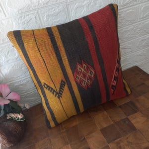 Handmade Colorful Turkish Kilim Pillow 40x40 cm (16x16 inches) - Square Bohemian Tribal Pillow, Authentic Ethnic Decorative Pillow, for Sofa