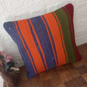 Handmade Colorful Turkish Kilim Pillow 40x40 cm (16x16 inches) - Square Bohemian Tribal Pillow, Authentic Ethnic Decorative Pillow, for Sofa