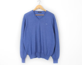 Vintage Valentino V Neck Lana Wool Fine Knit Jumper Mens Blue Sweater Size L