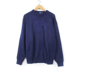 Vintage Hugo Boss Navy Blue Knitted Sweater Jumper Big Logo 90s Size L-XL