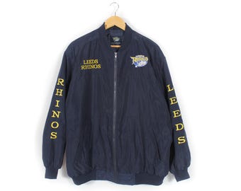 Vintage Leeds Rhinos Rugby Mens Bomber Jacket Navy 90s Size XXL