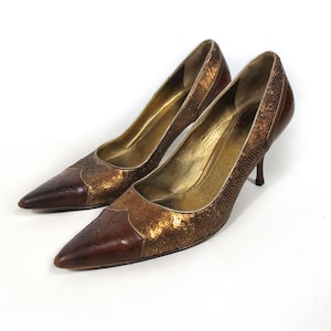 Vintage Prada Womens Heels Gold Strass Brown Leather Size 37 1/2