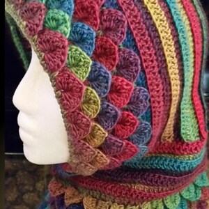 May include: A colorful crocheted hooded cowl with a rainbow striped pattern and a textured, scale-like design. The cowl is made with a variety of yarn colors, including red, orange, yellow, green, blue, purple, and brown.