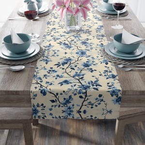 French Country Blue Floral Table Runner, Vintage Cottagecore Table Decor, Rustic Shabby Chic Dining, Farmhouse Linen Table Runner
