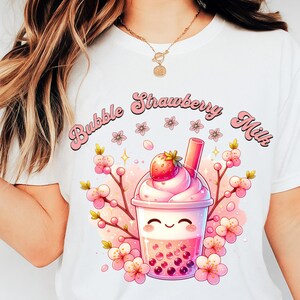 Bubble Erdbeermilch T-Shirt für Frauen, Harajuku Ästhetisches T-Shirt, Kawaii Erdbeermilchshake Shirt, Kawaii Kleidung, nettes Geschenk für Feinschmecker