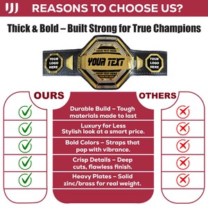 May include: A gold and black championship belt with the text "YOUR TEXT HERE" and "YOUR LOGO HERE". The image also includes a comparison chart highlighting features like durable build and bold colors.