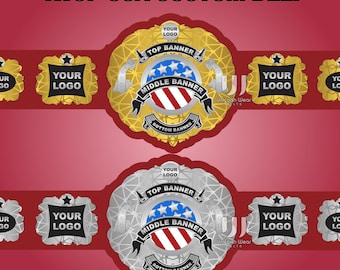 May include: Two championship-style belts featuring red straps and metallic plates. The top belt has gold plates, while the bottom has silver. Both feature text reading IWGP USA CUSTOM BELT, YOUR LOGO, TOP BANNER, MIDDLE BANNER, and BOTTOM BANNER.