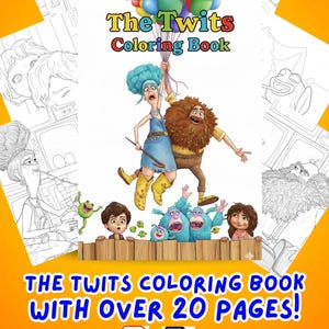 以下が含まれることがあります： 「The Twits Coloring Book」というタイトルの、キャラクターのイラストと本のタイトルが描かれた、カラフルな塗り絵本の表紙。青い髪の女性とひげを生やした男性が風船を持っている様子が描かれています。この本には20ページ以上の内容が含まれています。