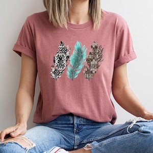 Retro Feather Graphic Tee: Turquoise Western Cowgirl Shirt