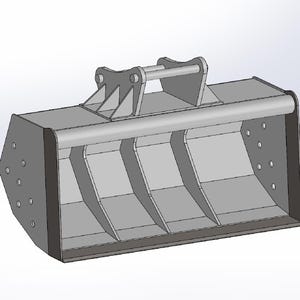 May include: A grey metal excavator bucket, rectangular in shape, with vertical dividers. It features a handle and mounting brackets at the top. The image is a 3D rendering of the bucket.