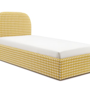 MOON Klädd säng, gul, 90x200 cm, ribbotten i metall, högkvalitativ säng med sänglåda och förvaringsutrymme – Barnkollektionen