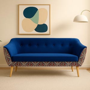 Könnte beinhalten: Ein blaues Samtsofa mit Holzbeinen und gemustertem Stoff an den Seiten und am Sockel. Das Sofa steht in einem Raum mit einem Gemälde, einer Stehlampe und einer Topfpflanze. Das Sofa ist etwa 152 cm lang.