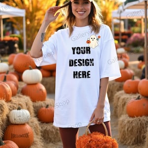 Comfort Colors C1717 White Shirt – Pumpkin Patch Fall Mockup with Model – Halloween & Spooky Tee Mockup + Video Mockup for Fall Apparel