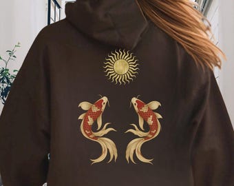 Felpa con cappuccio con pesci koi e sole dorato, felpa regalo con tema cultura giapponese, felpa giapponese, estetica giapponese, felpa con cappuccio in stile giapponese, felpa con cappuccio con pesci koi