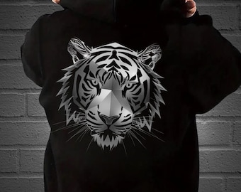 Geometric Tiger Hoodie, Tiger Sweater Gift for Him,Tiger Head hoodie,Tiger Monochrome Shirt,Tiger Print On Back,Sweater Tiger lovers,4XL,5XL